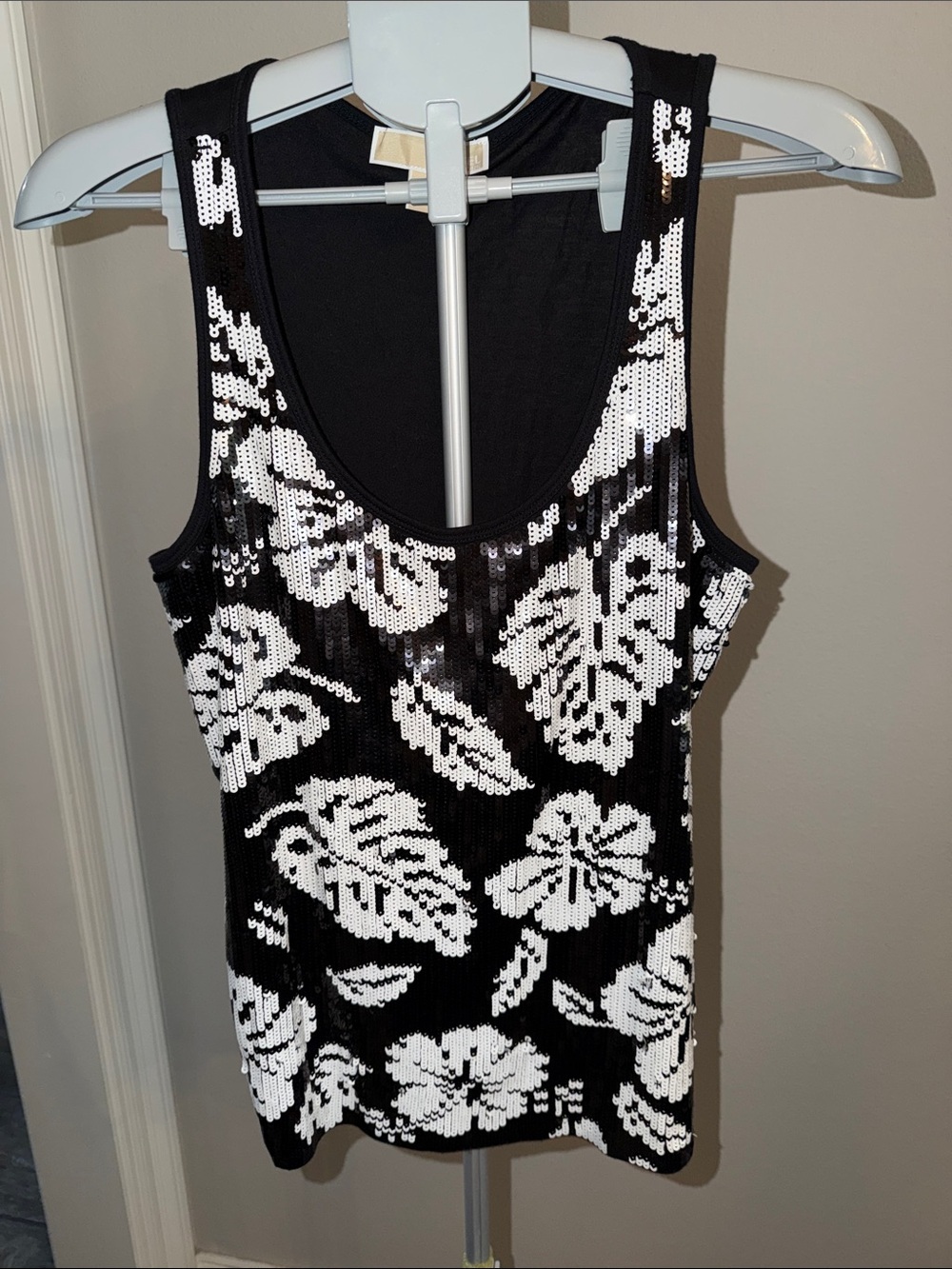 Michael Kors Black and White Sequin Floral Tank